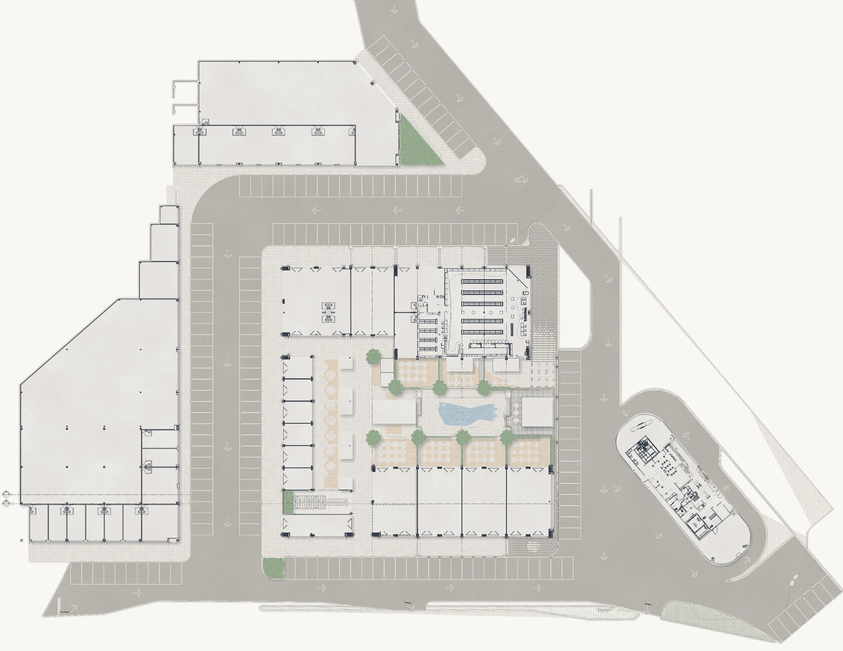 Planta del primer piso de El Triángulo del Café: parqueaderos en asfalto con su demarcación, andenes en losetas, la plazoleta con la fuente y las terrazas, y cada local con su número.